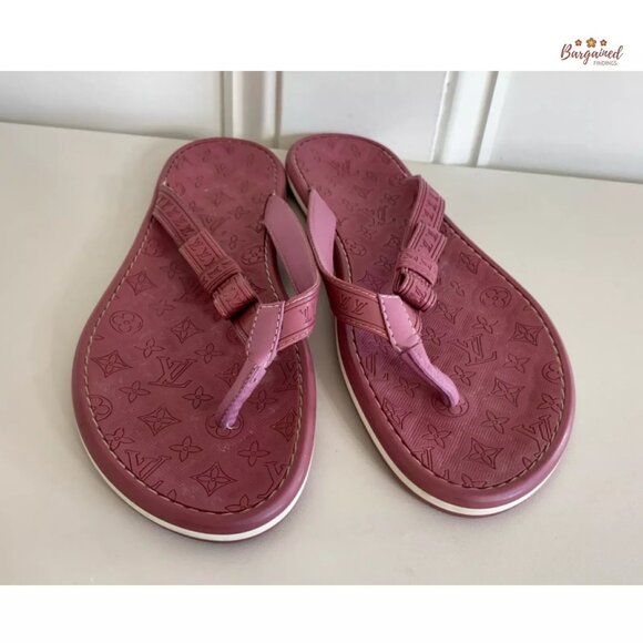 Auth Louis Vuitton Rose Pink Monogram Embossed Rubber Flip Flop Sandals 37.5/7.5 - Picture 11 of 12